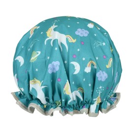 1 Pack Shower Cap for Women, Oil-proof Caps, Double Layers Waterproof Reusable Bath Caps With Ruffled Edge Covering for Girls, Women, Ladies, Kids (LightBlue Unicorn)