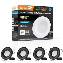 Run Bison 10 Inch Commercial LED Recessed Light with J-Box,120-277V,22/29/37.5W Adjustable,3CCT Selectable 3000K-5000K,0-10V Dimmable,IC Rated Canless LED Downlight with Black Trim, UL Listed-4PK