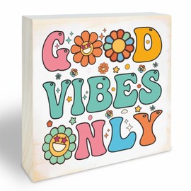 Pine Wood Block Sign, Good Vibes Only, Rustic Wooden Plaque For Living Room, Groovy Tabletop Decor, Farmhouse, Home & Office Decorations (4" X 4" X 0.8") - F06