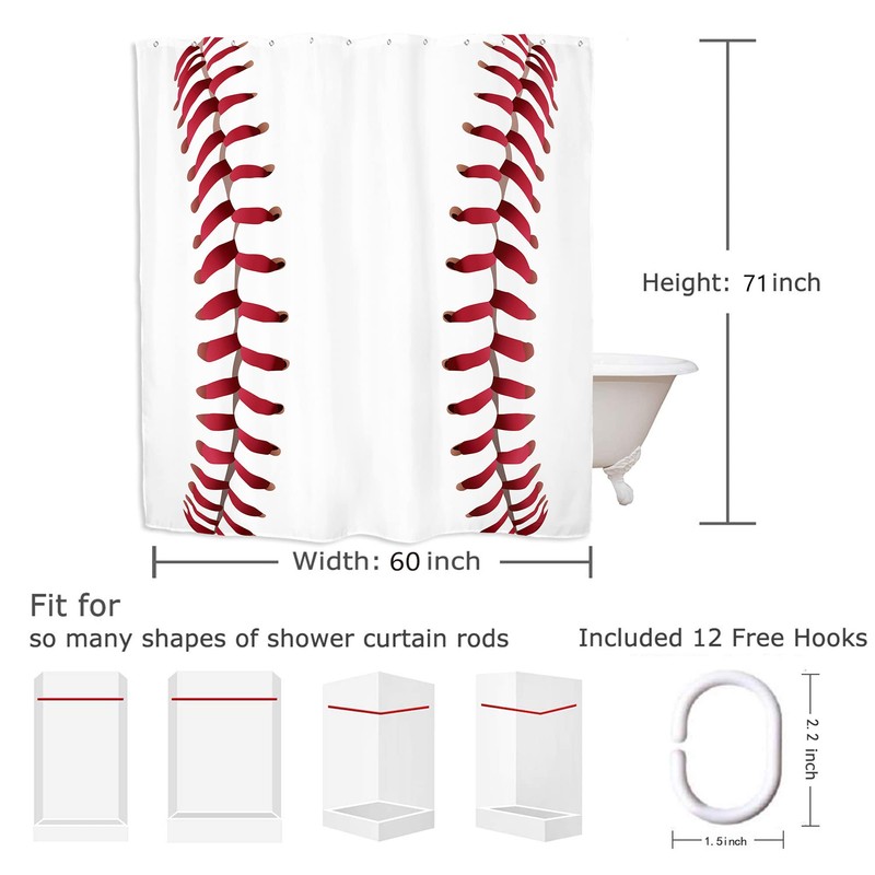 Yookeb Baseball Sports Bathroom Shower Curtain 60W by 71H Inch