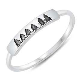 JEWELRITZY 3mm Pine Trees Engraved Bar Ring Solid 925 Sterling Silver Size 10