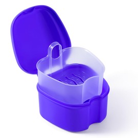 JMU Denture Bath Case, Denture Cup for Soaking Dentures with Strainer Basket Tray for Dentures, Mouth Guard Storage Case, Purple