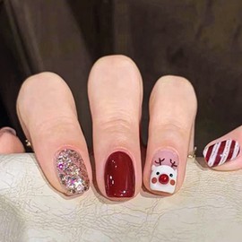 Uranian Square Press on Nails Short Christmas Red Fake Nails with Elk Stripe Designs Cute Glossy False Nails Xmas Bling Glue on Nails Full Cover Acrylic Stick on Nails for Women and Girls (24pcs)(Pattern-J)