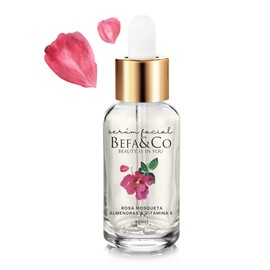 Suero facial + rosa mosqueta + vitamina e + almendras + ingredientes naturales + hidratante + rápida absorción + paraben free + primer + suaviza tu piel + textura terciopelo