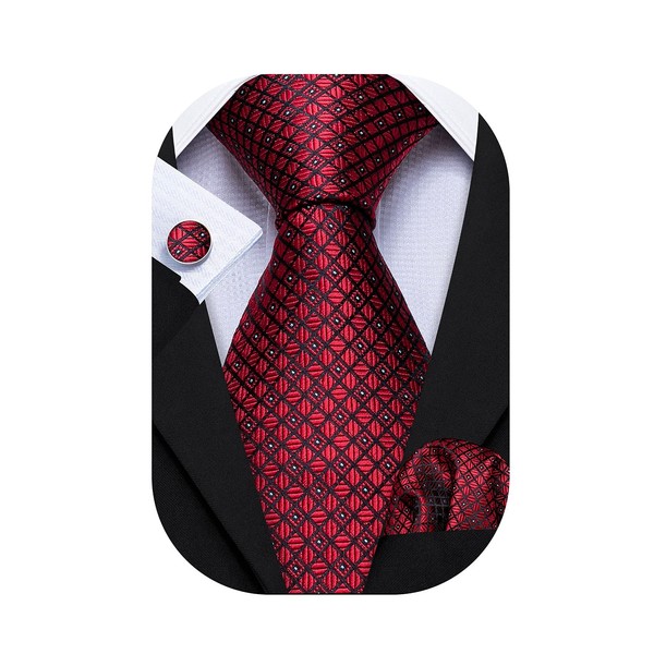 Barry.Wang Mens Tie Set Red Black Plaid Check Neckties Formal Pocket Square Cufflinks Wedding Prom Party