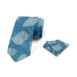 Ambesonne Seashells Men's Tie Set, Nautical Themed Pattern Creative Design Shells, Necktie Set Groom Handkerchief for Parties Weddings & All Occasions, Dark Turquoise Pale Blue