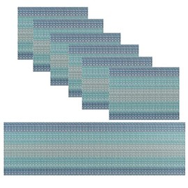 Placemats, Woven Vinyl Crossweave Kitchen Tablemat，Washable PVC Table Mats Sets for Dining Table, Parties, Farmhouse, Thanksgiving, Christmas & Gathering (6 Placemats + 1 Table Runner, Coastal Blue)