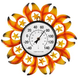 Metal Sun Wall-Mounted Outdoor Thermometers, 13.25 Inch Indoor Outdoor Thermometer Decorative for Patio, Living Room,Wine Cellar, Garden Home Decor, No Batteries Required
