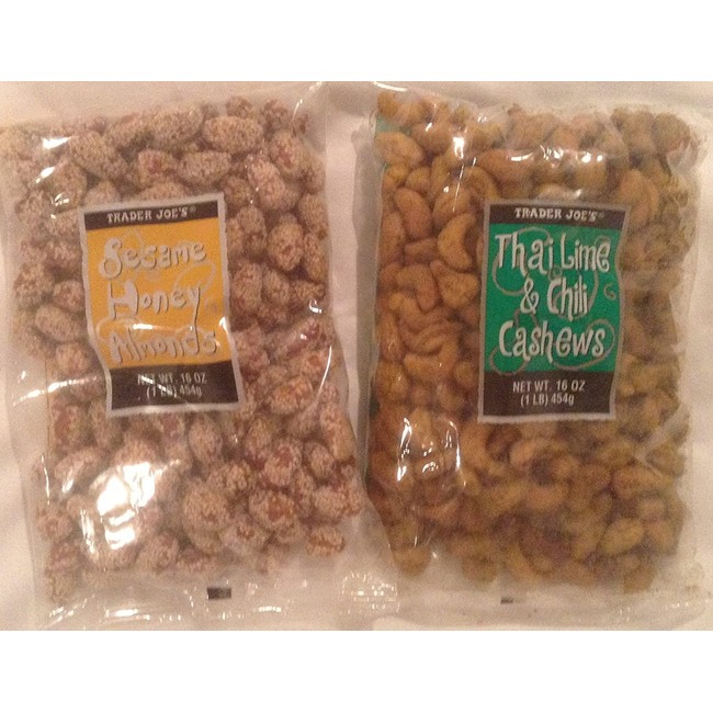 Trader Joe Bundle - Thai Lime & Chili Cashews and Seseme Honey Almonds - 2 Items
