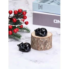 JSDDE Black Obsidian Crystal Sleeping Cat Figurine for Cat Lovers Cute Gemstone Cat Ornaments for Home Office Cat Statue Gifts