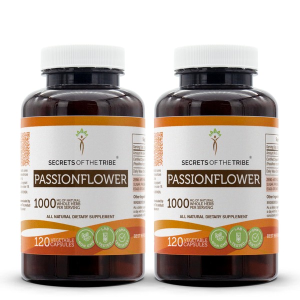 Secrets of the Tribe Passionflower 120 Capsules(2 pcs.), 1000 mg, Passionflower (Passiflora Incarnata) Dried Leaf and Herb (2x120 Capsules)