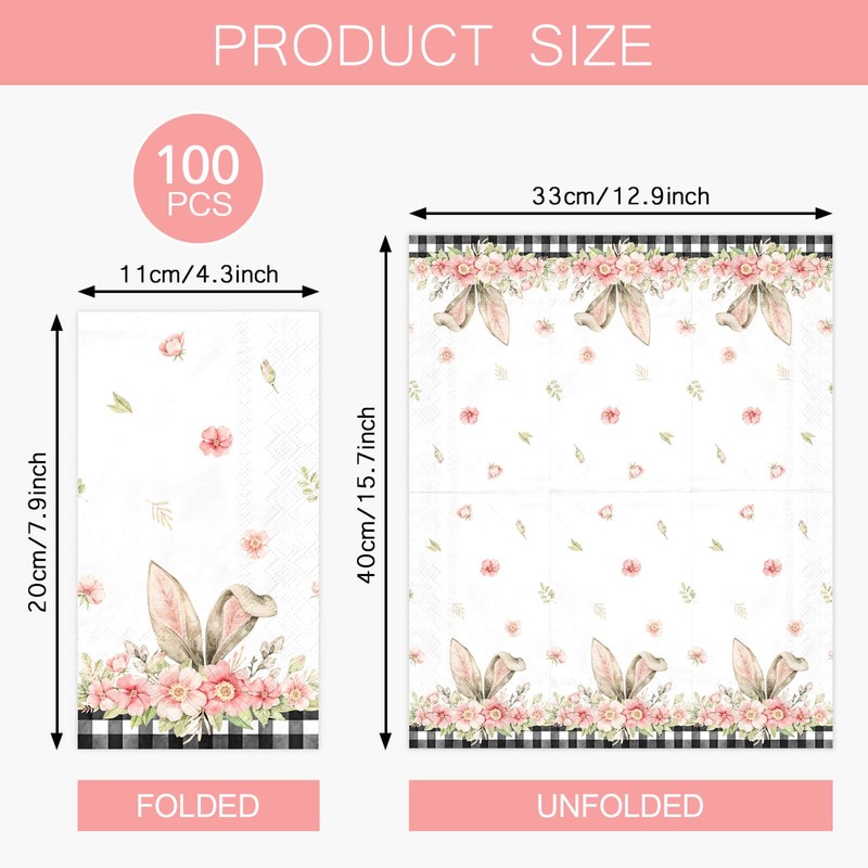 100 Pack Easter Bunny Paper Napkins Spring Flower Buffalo Plaid