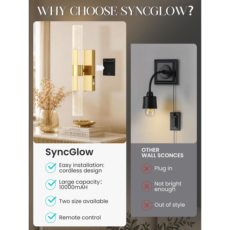 10000mAh Battery Operated Wall Sconces Set of 2, Gold, 15.3