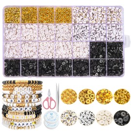 CoKeeSun 4800 Pieces Beads for Bracelets, Black Polymer Clay Beads Set, 6 mm Heishi Beads for Threading, Clay Beads Bracelets DIY with A-Z Beads Letters for DIY Bracelet Necklaces