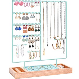 ProCase Jewelry Organizer Stand Earring Holder Organizer, 6 Tiers Earring Organizer Tree Necklace Rack Jewellery Tower Bracelets Holder Storage with Removable Wooden Ring Tray for Women Girls -Blue