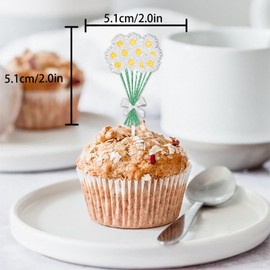 18pcs Glitter Yellow Flower Dessert Cupcake Topper Pick for Gardening Theme Decorations Women Girls Birthday Valentine's Day Wedding Anniversary Bridal Shower Party Decor Supplies