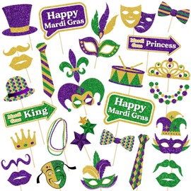 31 Pieces Mardi Gras Photo Booth Props Masquerade Party Photo Booth Props for Mardi Gras New Orleans Party Decorations Masquerade Costume Party Accessories Funny Selfie Photography