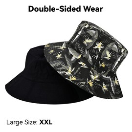 VLYX XX-Large Reversible Bucket Hat - Unisex Cotton UV Protection Packable Fashion Print for Summer Outdoor Fishing Beach Hiking, Black & Black Floral, XL - XXL