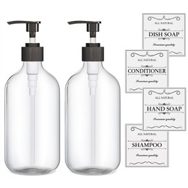 2PCS Clear Dish Soap Dispenser for Kitchen with Rust Proof Pump (16 Oz), Premium Hand Soap Dispenser for Bathroom, Plastic Liquid Soap and Lotion Dispenser/Bottles Set, Waterproof Labels