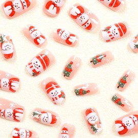 Cute Christmas Press on Nails Short Square Fake Nails With Cute Cartoon Designs Snowman False Nails Full Cover Stick on Nails Red Acrylic Winter Xmas Artificial Nails for Women 24 Pcs
