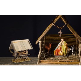 MaMeMi Wooden Feeding Crib with Roof Approx. 10 x 10 cm Handmade Nativity Scene Accessories for Nativity Scenes