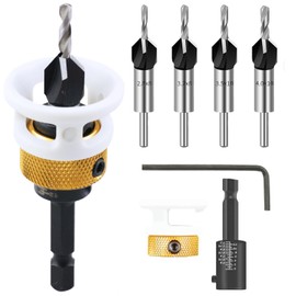6 tlg Kegelsenker-Bohrer-Set, Bohrsenker mit Einstellbarem Tiefenanschlag, Senkbohrer für Holz mit 1/4" Hex Schaft, aus HSS-M2, Inkl. Sechskantschlüssel für Holzbearbeitung