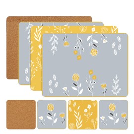 Placemats and Coasters Set – 8-Piece (4+4) Heat-Resistant, Waterproof, Non-Slip Cork Table Mats for Dining, Kitchen – Easy to Clean – Featuring floral patterns in soft gray and mustard yellow tones.