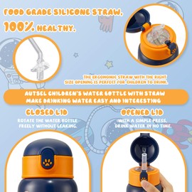Autsel Kids Water Bottles with Straw 400ml Insulated Stainless Steel Astronaut Water Bottle BPA-Free Reusable Metal Water Bottle with Protective Case for Girls and Boys Keep 6h Hot & 12h Cold