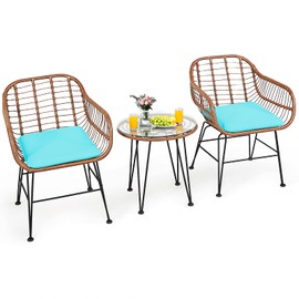 Tangkula 3 Pieces Patio Conversation Bistro Set, Outdoor Wicker Furniture w/Round Tempered Glass Top Table & 2 Rattan Armchairs, Bistro Chat Set w/Seat Cushions for Porch, Backyard, Garden