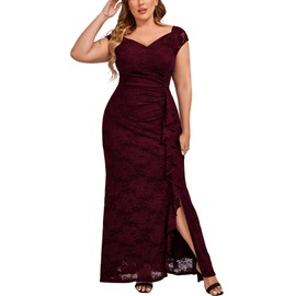Miusol Women's Plus Size Floral Lace Off Shoulder Side Split Formal Evening Party Maxi Dress Wine
