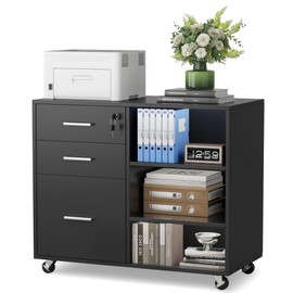 Furmax 3 Drawer Mobile File Cabinet, Wood Lateral Filing Cabinet with 4 Wheels & Adjustable Shelves, Printer Stand Storage Organizer for Office Home
