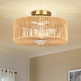 Fenluster 12.6'' Farmhouse Woven Rattan Ceiling Light Flush Mount,Boho Light Fixture,Rustic Gold Semi Flush Mount Ceiling Light Fixture for Hallway Bedroom,Kitchen,Nursery,Dining Room,Entraway