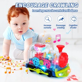 Light Up Train Toys for Toddler,Interactive Autism Sensory Toys with Colorful Moving Gears, Music and LED Light,Fun Crawling Infant Tummy Time Toys for Kids Boys Girls 6-12-18-36 Months Age 1 2 3 4 5