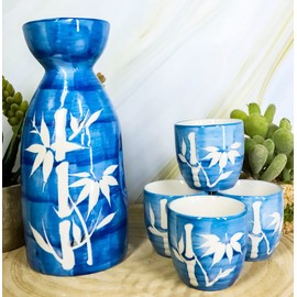 Ebros Gift Traditional Ceremony Blue Jeans Porcelain Pottery With White Lucky Bamboo Silhouette Design Japanese Rice Wine Sake 5 Piece Set Of 1 Black Tokkuri Serving Flask 10oz With 4 Ochoko Cups 2oz