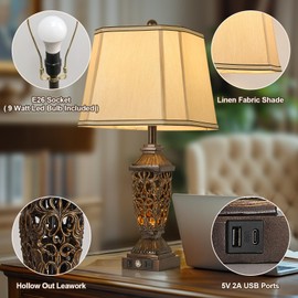 AIDENOEY 27.5“ Farmhouses Table Lamp with USB & USB-C Charging Ports, 3-Color Dimmable & Stepless Bottom Dimming, Touch Control & Switch, Vintage Bedside Lamp for Bedroom Living Room Office,(Brown)