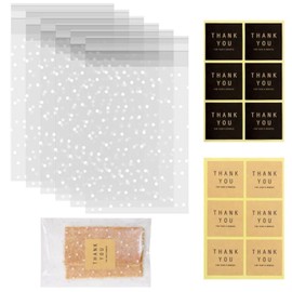 Mini Skater Self Sealing Cookies Bags Pack of 100 Clear Cellophane Treat Bags with Thank You Stickers for Gift Giving Brownies Candies Dessert Bakery Party Favors (White Polka Dot, 4x6 Inches)