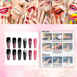 Rchovsam xl Pink Nails Press Ons Extra Long Coffin Press on Nails French Tip Zebra Print Diamond Design False Nails Full Cover Acrylic Arificial Fake Nails Gift for Womens 24pcs