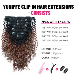 Yuniffe Curly Clip in Hair Extensions Real Human Hair 3C 4A Kinky Curly Clip ins Double Weft Curly Clip ins Human Hair Ombre Auburn Hair Extensions for Black Women 14 Inch 7Pcs 120g 1BT30