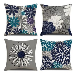 Pillow Cover 20X20 Inch Set of 4 Floral Decorative Square Pillow Cushion Cover Blue Modern Daisy Pillow Cover Grey Decorative Floral Pillow Cover for Outdoor Home Sofa Bedroom Car Decor
