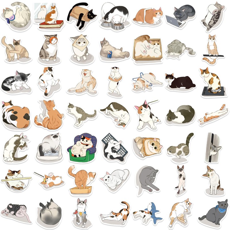 50 Pcs Cute Cat Stickers Set – Adorable Cat Illustrations