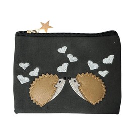Hedgehog Coin Purse with Hearts Design, 13.5 x 10 cm, Gold Star Zip Pull (Black)
