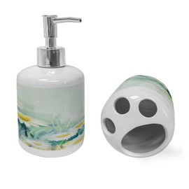 Ambesonne Flower Soap Dispenser & Toothbrush Holder Set, Daisies on Grass Mother Earth Impressionist Expression of Nature Print, Ceramic Bathroom Toiletry Accessories, 2 Pcs, Pale Blue White