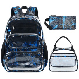 CAMTOP Clear Backpack Heavy Duty Transparent Bag See Through BookBag for Student School Work Festival Sport Travel (Blue Camo Set)