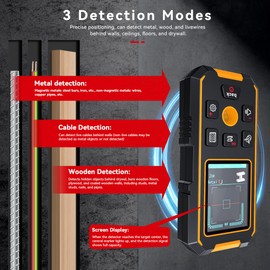 RAINLEOTI 3-in-1 Stud Finder Wall Scanner - Magnetic & Non-Magnetic Metal, Wood, Cable Detection | Positioning Hole, LCD Display, Audio Alarm | Rechargeable Stud Detector for Joists/Pipes/Wires