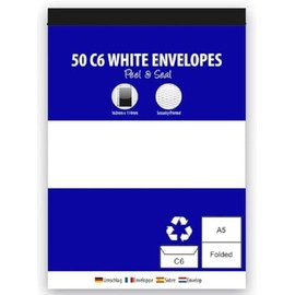 (2 Pack) 50 White C6 Envelopes – 80gsm Peel & Seal – Security Printed – Self-Sealing Envelopes for A6 Cards & A5 Folded Sheets – 114mm x 162mm