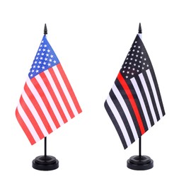 2 Pack USA Thin Red Line Flag Firefighter Deluxe Desk Flag Set - Mini Small US Military Table Office Flags with Black 12" Solid Pole Stand Base Decorations