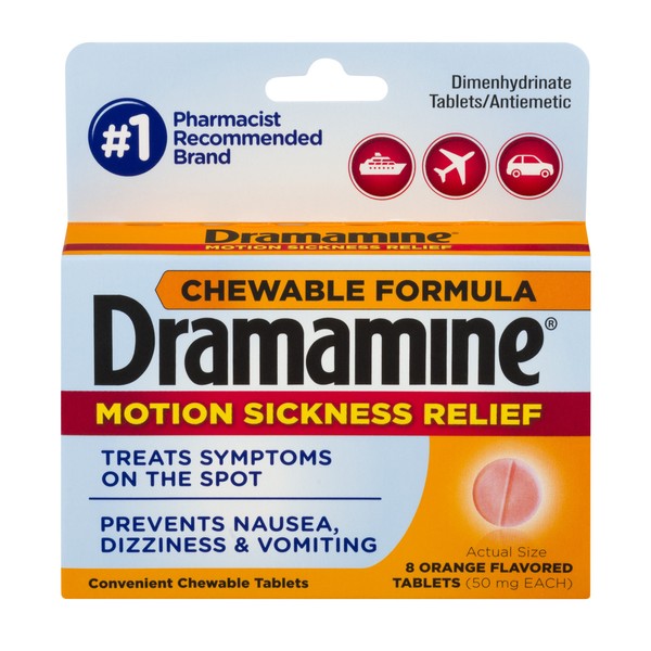 Dramamine Chewable Formula Motion Sickness Relief | Orange | 8 Count | Pack of 6