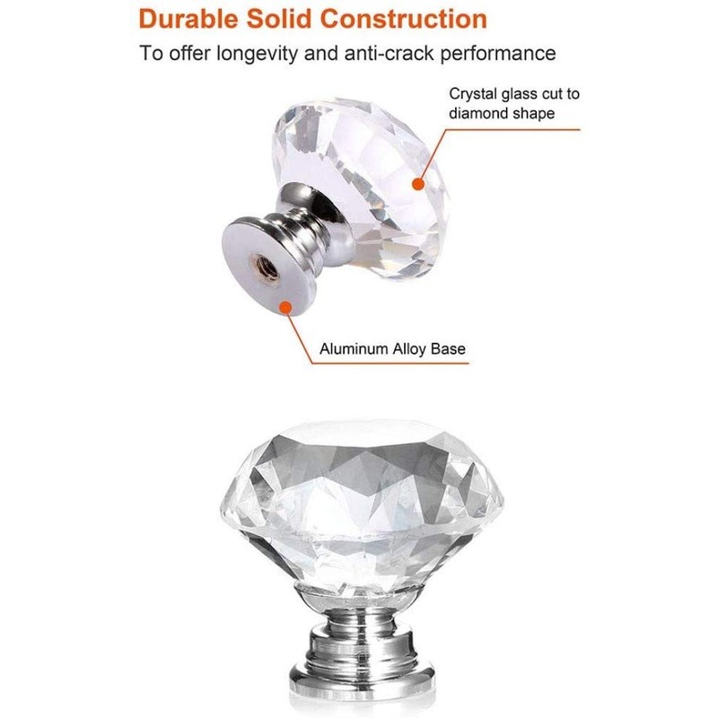 KAHEIGN 25Pcs Crystal Door Knob, 30MM Diamond Drawer Knobs Crystal