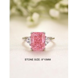 RODIFFY 4.0CT Radiant Cut Yellow,Pink,Clear Engagement Ring,3-Stone Simulated Diamond Ring,Colored Gemstones 925 Sterling Silver Promise Ring (Pink Stone, 4.5)