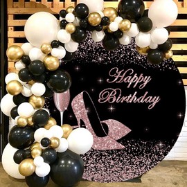 Leyiyi 6x6ft Black and Rose Gold Happy Birthday Round Backdrop Rose Gold Glitter High Heel Champagne Diamond Photography Background for Girl Women Birthday Party Decoration Photo Studio Props